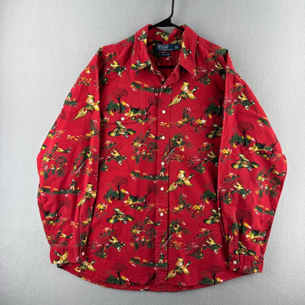 Vintage Polo Ralph Lauren Shirt Mens XL Red AOP Hunting Fishing Print Button Up